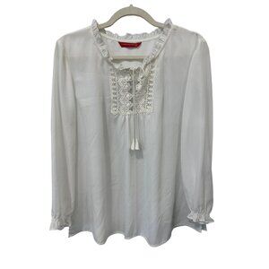 Lorenza Blau Crochet Lace Blouse Women 36 Ruffle Trim Tie Neck White Polyester